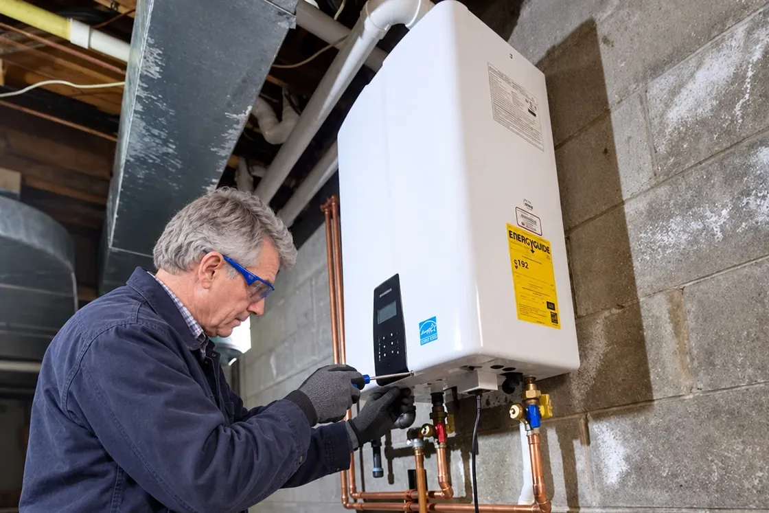 Technician working on the piping under a wall-mounted gas unit in a basement