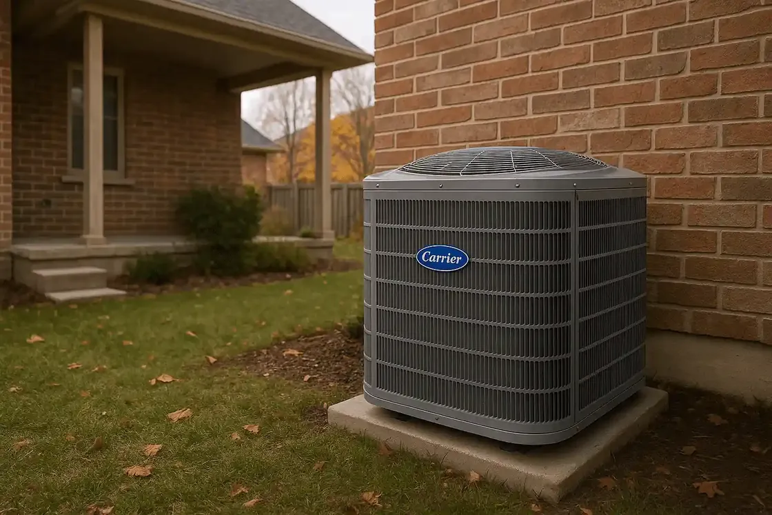 Carrier outdoor condenser on a concrete pad beside a brick house