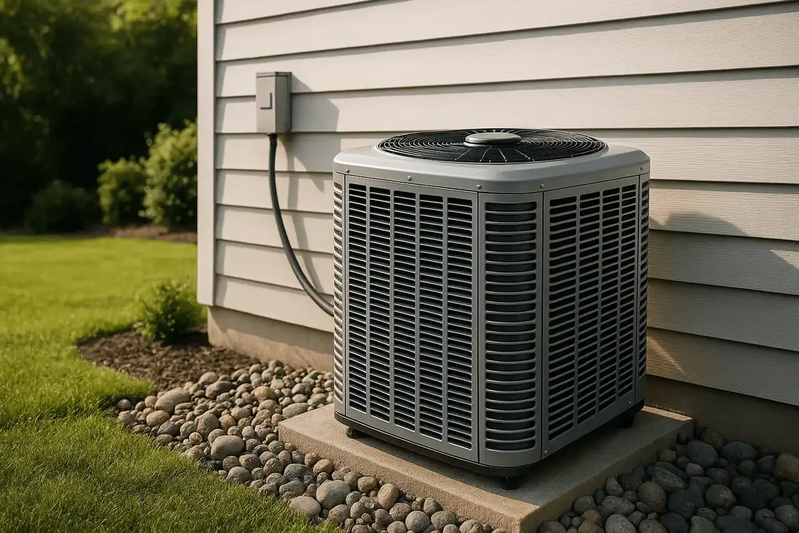 Central air conditioner condenser on a pad in a bed of river stones beside vinyl siding