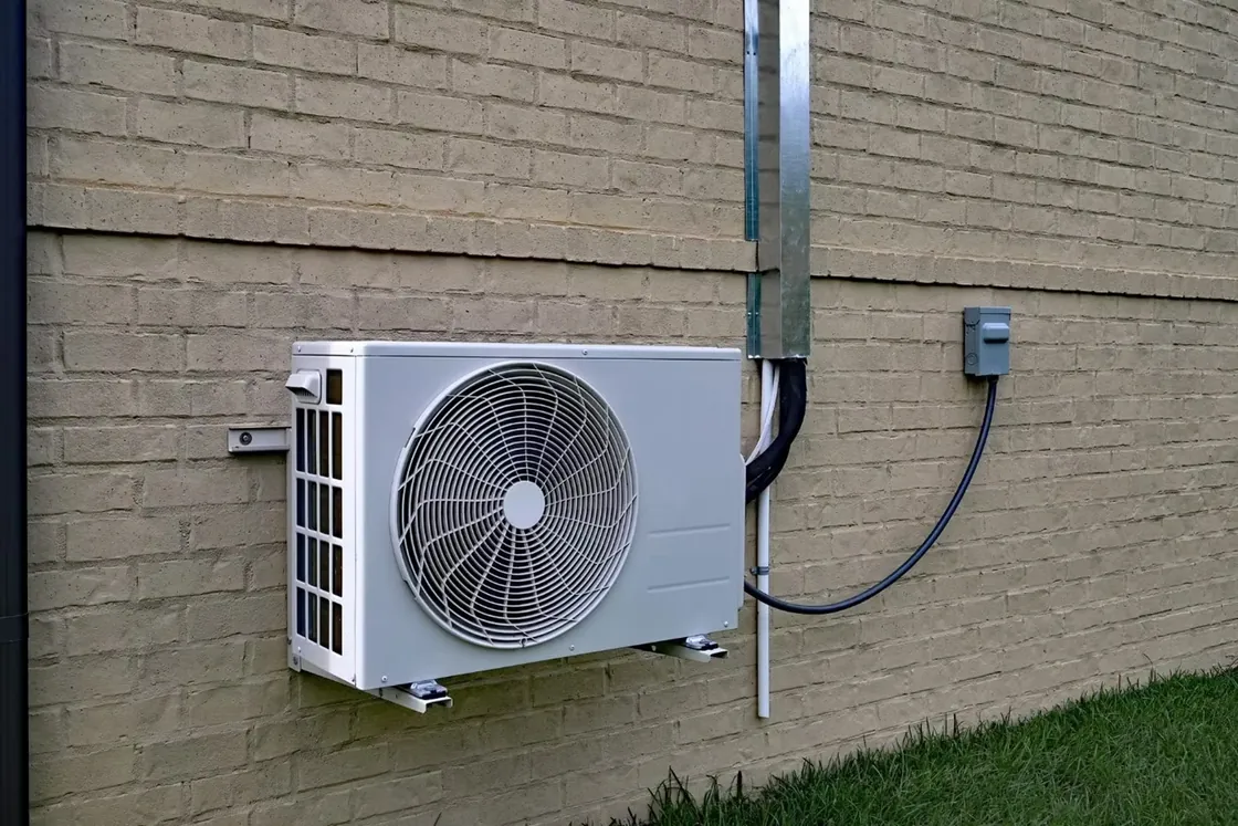 Ductless mini-split outdoor unit mounted on a wall bracket against brick