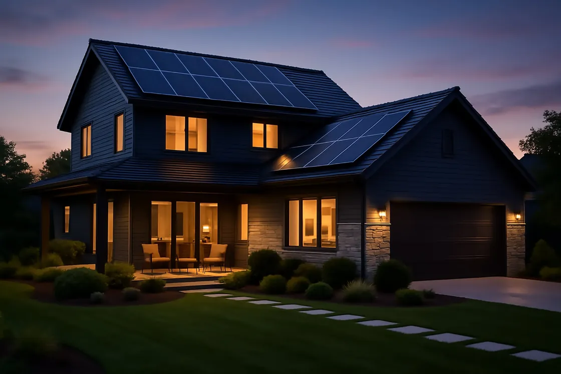 Two-storey detached house with its lights on at dusk