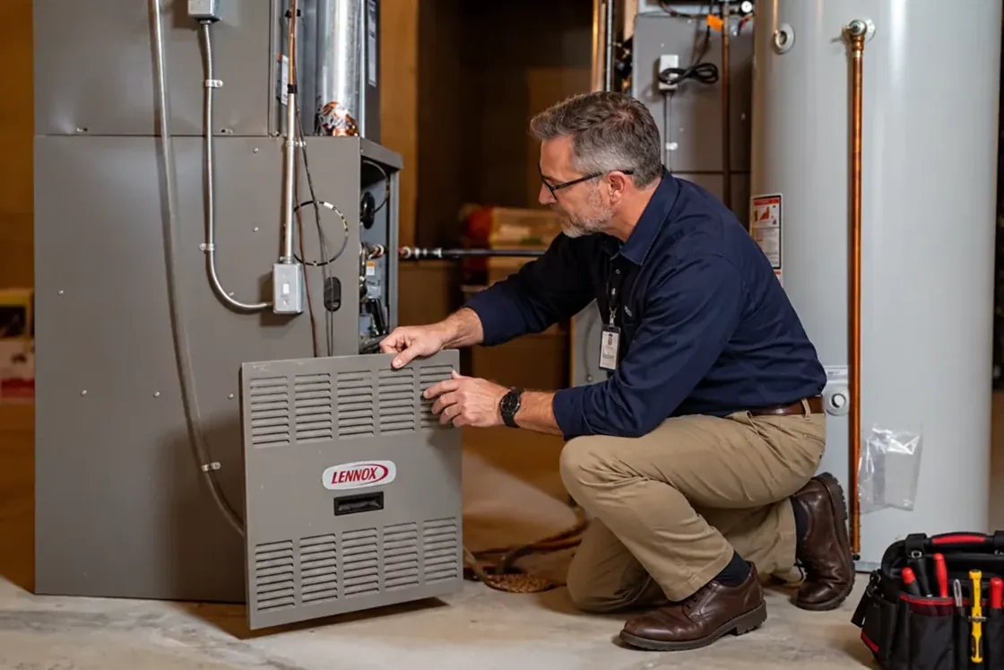Technician kneeling to work on a Lennox gas furnace in a basement utility room