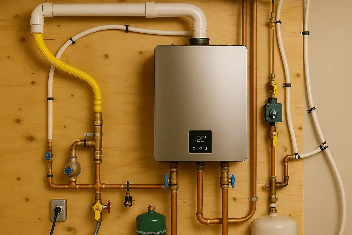 Wall-mounted tankless gas water heater with copper and gas piping on a plywood panel